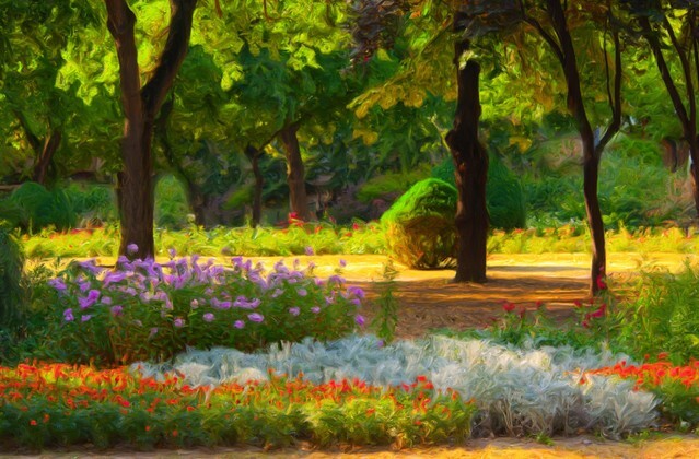 Landscape painting showing the blooming of flowers in a park in spring